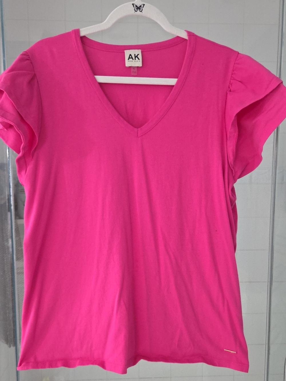 Stylish V-Neck Flutter Sleeve Top in Hot Pink